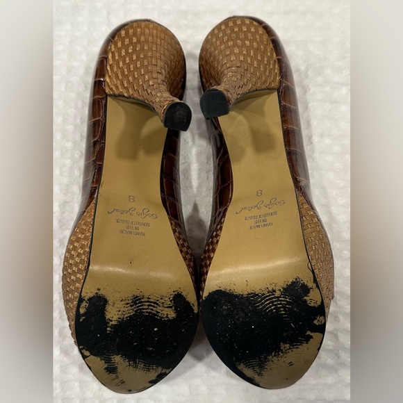 Sergio Zelcer Brown Alligator Peep Toe 4” Platform Heels~Woven Bottoms~Handmade - Picture 8 of 16